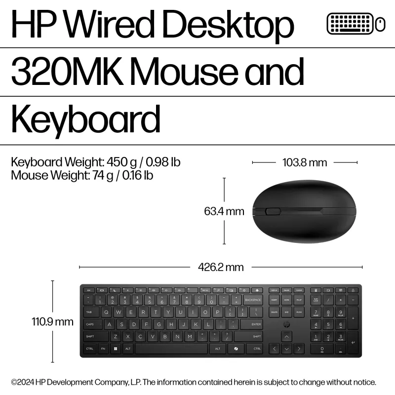 HP Wired Desktop 320MK Mouse and Keyboard Combo - Black