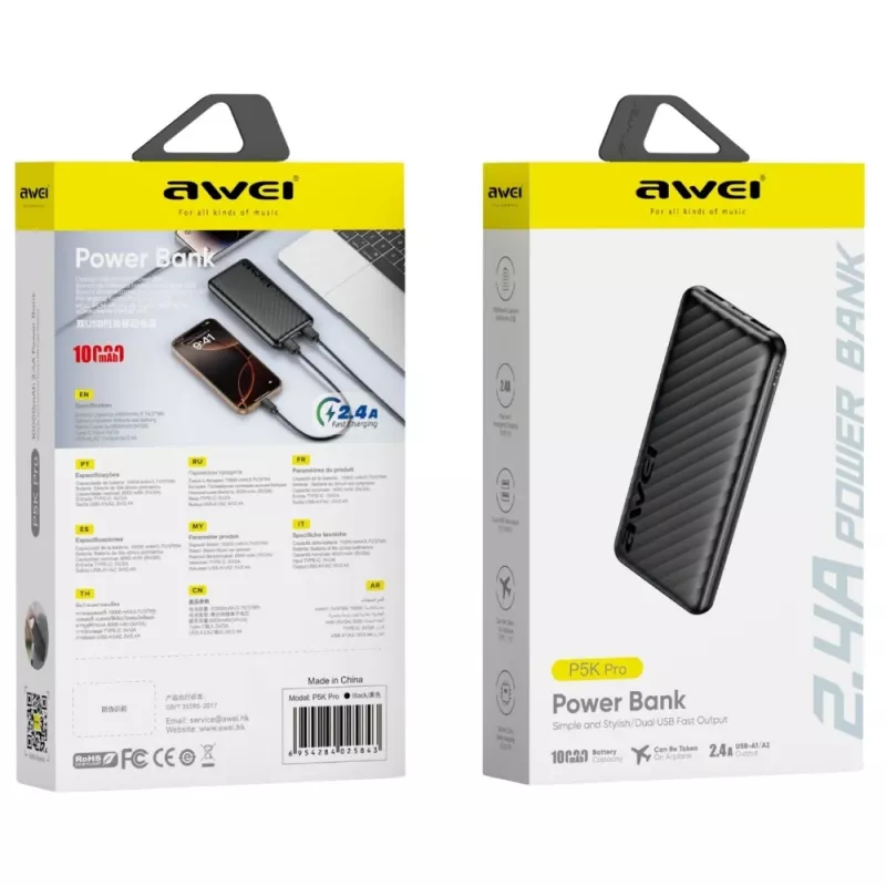 AWEI Power Bank 10000mAh P5K Pro 2xUSB - Black