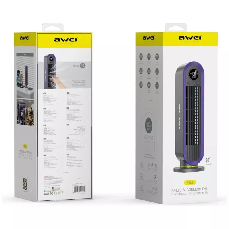 AWEI F52 Portable Tower Fan 3600mAh USB-C Rechargeable Grey