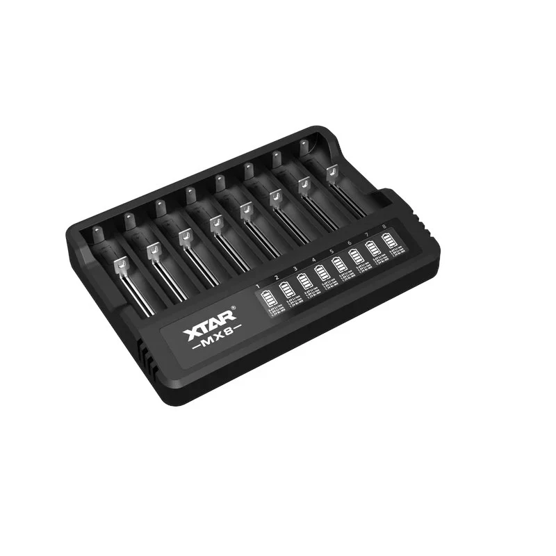 XTAR MX8 8-Bay Universal Battery Charger for Li-ion/Ni-MH with USB-C, 0V Activation, LED Indicators