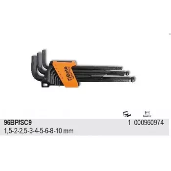 BETA 96BP/SC9 9-Piece Metric Ball End Hex Key Set, 1.5-10mm, Chrome Vanadium Steel