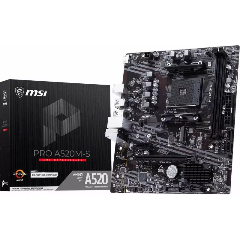 MSI A520M-S AMD A520 AM4 Micro-ATX Motherboard - DDR4, HDMI, DVI, VGA, Gigabit LAN
