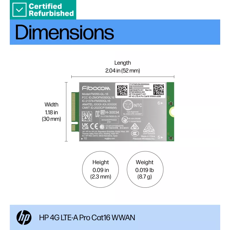 RENEW GOLD HP 4G LTE Modem m.2 WWAN Cat 16 L860-GL-16 Mobile Broadband Cellular (compatible with WWAN-ready EliteBook 630 640 645 660 830 840 860 1040 G11, x360 G11, ProBook 440 460 465 G11, ZBook Firefly Fury Power 14 16 G11 G11A)