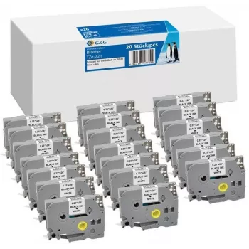 20x G&G Label Tape 9mm x 8m Black on White Compatible with Brother TZe-221