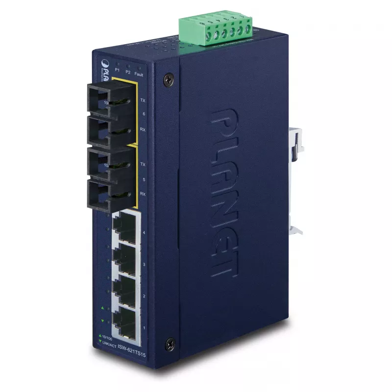 PLANET ISW-621TS15 Industrial Unmanaged L2 Fast Ethernet Switch with 4x 10/100 + 2x 100Base-FX SC Multi-mode, DIN-Rail/Wall-Mount, -40 to 75°C