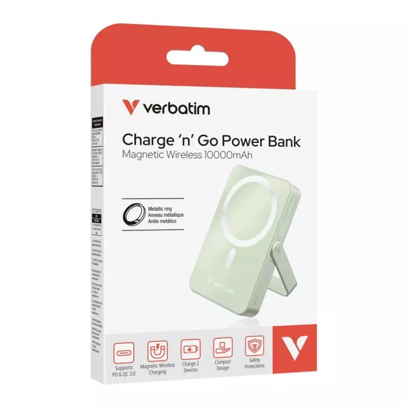 Verbatim Charge 'n' Go Magnetic Wireless Power Bank with Stand 10000mAh USB-C PD 3.0 Green