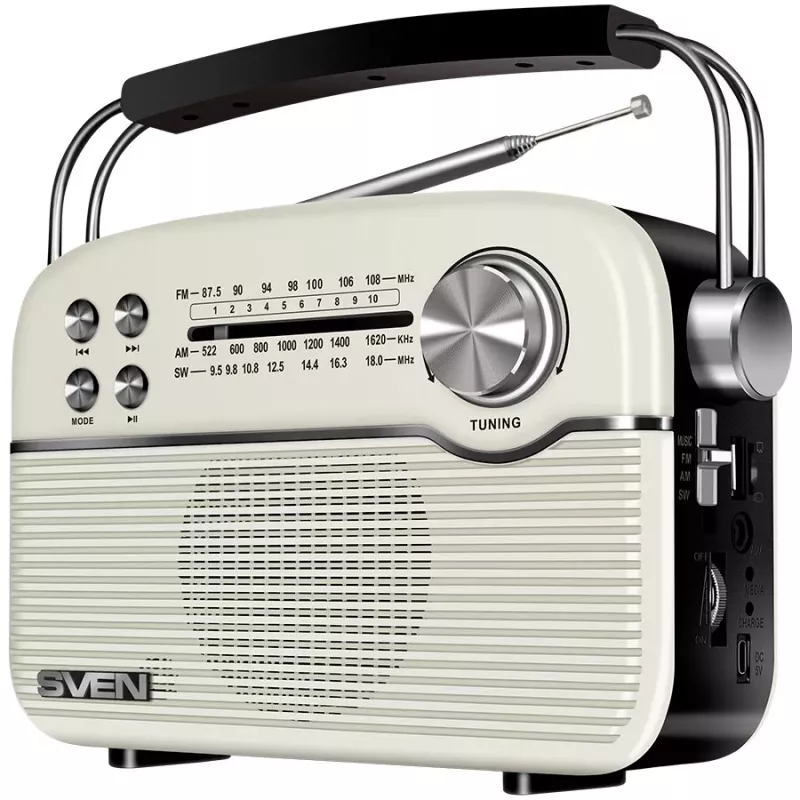SVEN SRP-500 Portable Bluetooth Speaker, White (3W, FM/AM/SW Radio, USB, microSD, AUX, Battery)