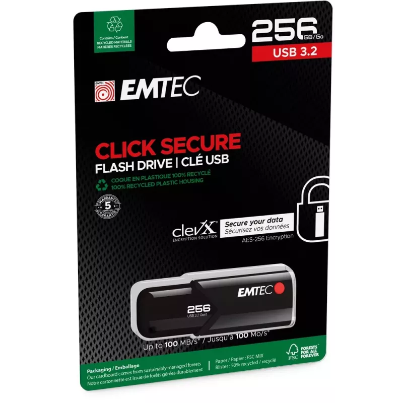 Emtec USB 3.2 Click Secure B120 256GB USB Flash Drive Black