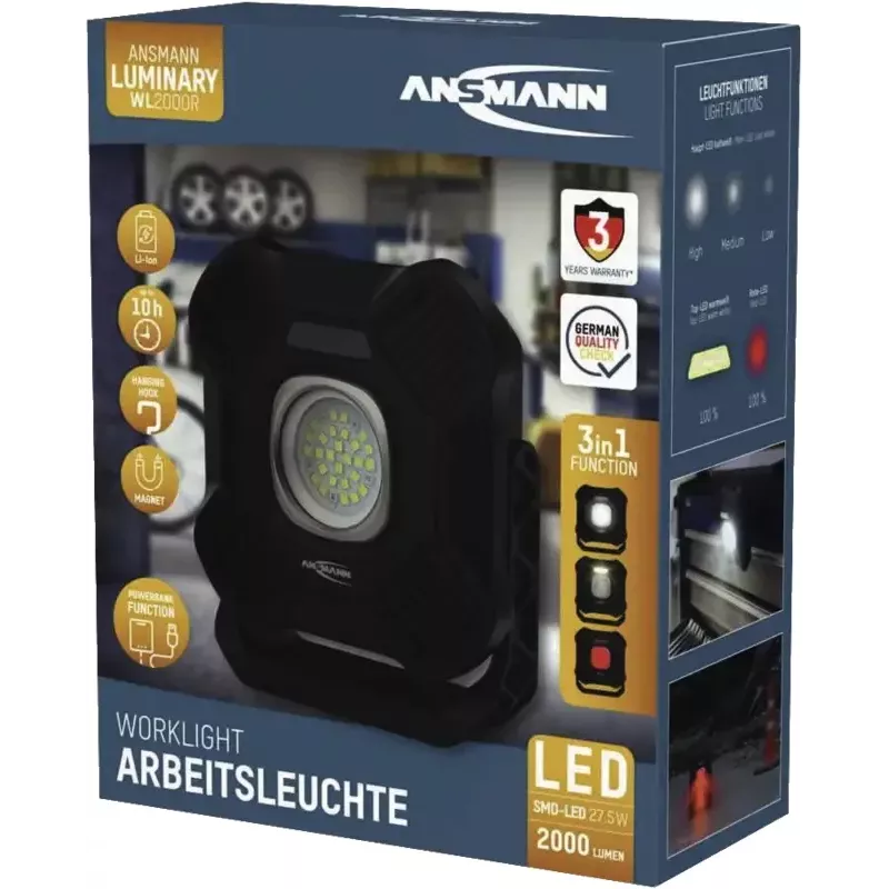 ANSMANN WL2000R Rechargeable LED Work Light, Black, 20W, 2000lm, with Magnet, Hanging Hook, Tripod - 1 Piece (1600-0755)