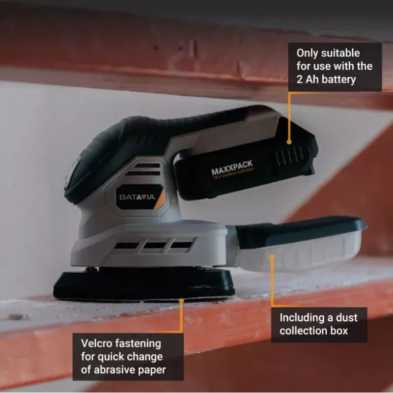 Batavia 18V Cordless Detail Sander (Body Only) - Maxxpack 18V Platform, Delta Sanding Pad, Hook and Loop, Dust Extraction, Soft Grip
