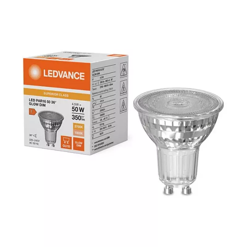 OSRAM PAR16 50 4.5W 827 GU10 LED Reflector Lamp, 350 lm, 1800-2700 K, Dim-to-Warm, Dimmable