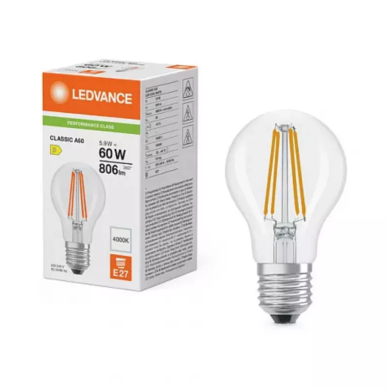 OSRAM LED Classic A 60 Filament P 5.9W 840 Clear E27 LED Bulb, Classic Shape