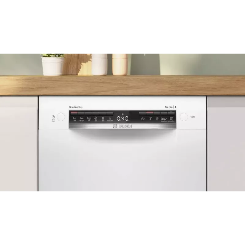 Bosch SPU4HMW01S Freestanding Slimline Dishwasher, White, 9 Place Settings, Energy Class C, 45 dB, EcoSilence Drive, Home Connect