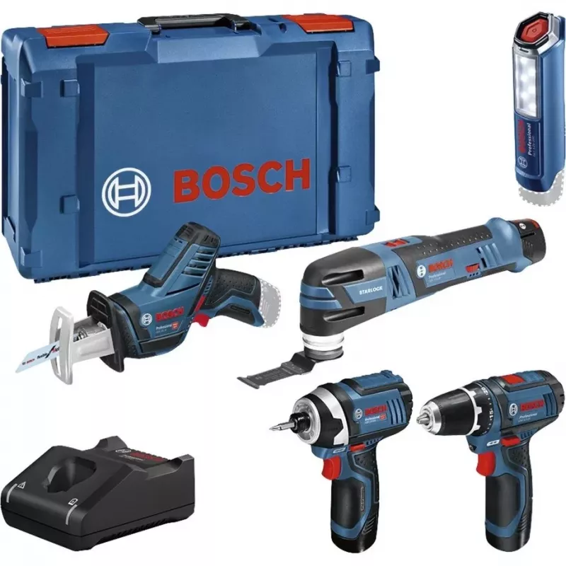 Bosch Power Tools 12V 5-Piece Tool Set GOP + GSR + GDR + GSA + GLI (Blue, 3x Li-Ion 2.0Ah Battery)