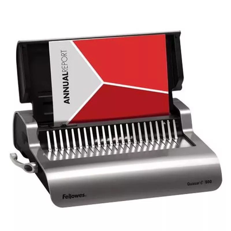 Fellowes Quasar-E 500 Electric Comb Binding Machine, 20-Sheet Punch, 500-Sheet Binding Capacity, A4, 21 Rectangular Holes, Adjustable Margin, Metal/Plastic Housing, Large Waste Tray