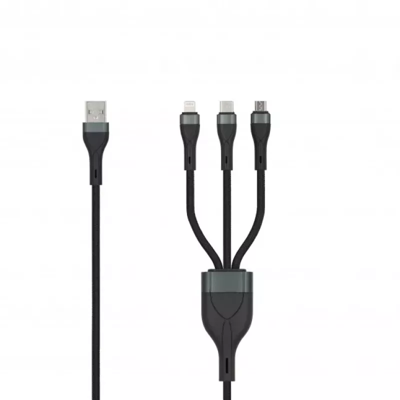 SEEK TOTI USB A to Micro USB / USB-C / Lightning 1.5m Braided Cable 2A (Non-MFI) Black