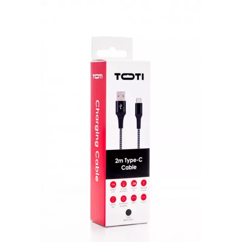 SEEK TOTI USB-A to USB-C 2m Braided Cable 2A, Black/Space Grey