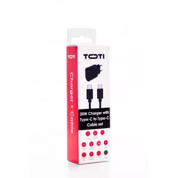 SEEK TOTI 20W Type-C PD Wall Fast Charger with Type-C to Type-C, 1 m PVC Data Cable 3A, Black
