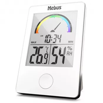 MEBUS 11130 Thermo-Hygrometer White - Digital Temperature and Humidity Monitor with LCD Display