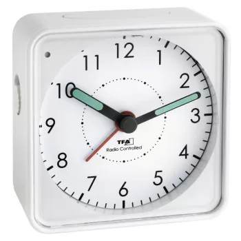 TFA 60.1510.02 Picco RC Alarm Clock - Quartz Analog - White - Plastic - Battery Powered - Snooze & Backlight
