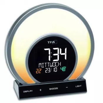 TFA Soluna Quartz Alarm Clock with Color Change, Round, Black, Plastic, 90 mm