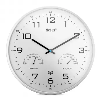 MEBUS 52841 Radio Controlled Wall Clock, Black Frame, White Dial, 30 cm