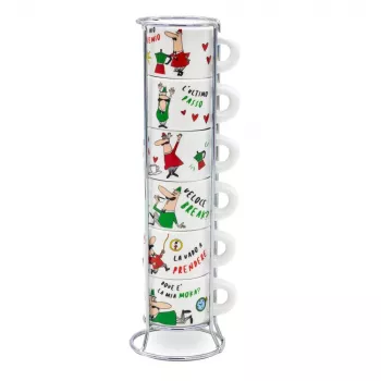 Bialetti Italia Espresso Cup Set 6 Cups 80 ml White with Chrome Metal Stand TAZZ202