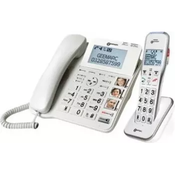 Geemarc DECT595 COMBI Corded Senior Telephone with Answering Machine, Hands-Free, Optical Call Signaling, Hearing Aid Compatible, Including Emergency Transmitter (DECT595_COMBI_WH_VDE)