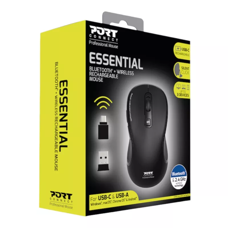 PORT Designs PORT Connect Professional ESSENTIAL Wireless Optical Mouse - 5 Buttons - 2.4 GHz, Bluetooth - USB Receiver - Black