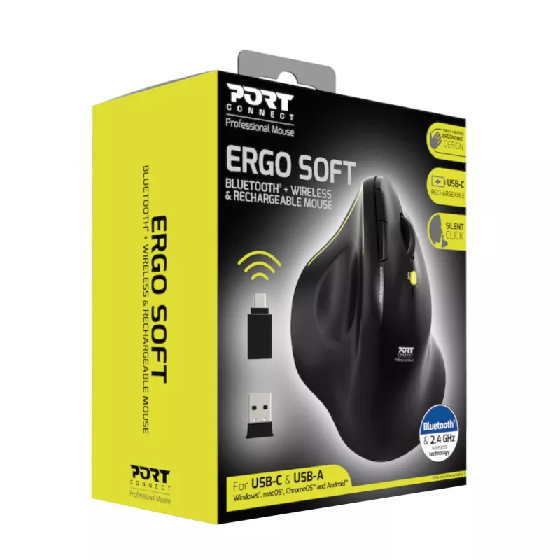 PORT Designs ERGO 2.4 GHz Wireless Bluetooth Rechargeable Mouse - 1600 DPI