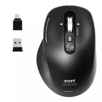 PORT Designs PORT Connect Professional BUSINESS Rechargeable Wireless Mouse - Optical - 6 Buttons - 2.4 GHz, Bluetooth - USB Receiver - Black