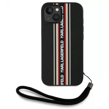 KARL LAGERFELD Saffiano Athleisure Stripes Cord Case for iPhone 15, Black-Red