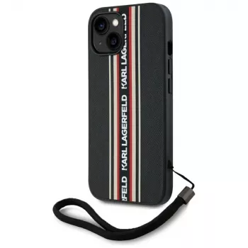 KARL LAGERFELD Saffiano Athleisure Stripes Cord Case for iPhone 15, Black-Red