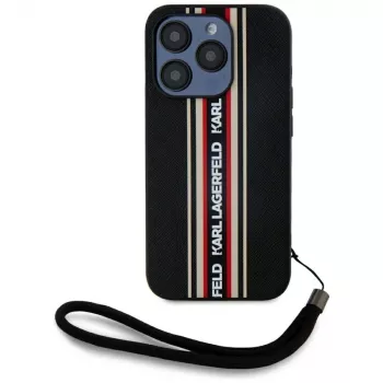 KARL LAGERFELD Saffiano Athleisure Stripes Cord Case for iPhone 15 Pro, Black/Red