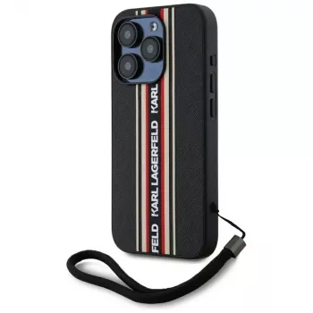 KARL LAGERFELD Saffiano Athleisure Stripes Cord Case for iPhone 15 Pro, Black/Red