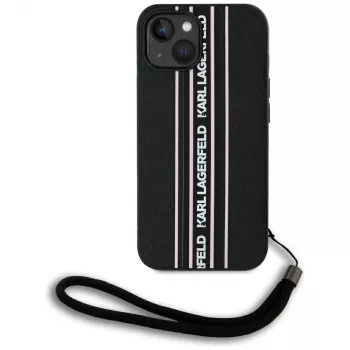 Karl Lagerfeld Saffiano Athleisure Stripes Cord Case for iPhone 15, Black-Pink
