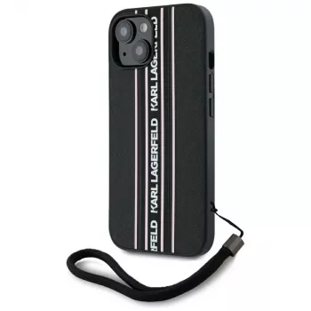 Karl Lagerfeld Saffiano Athleisure Stripes Cord Case for iPhone 15, Black-Pink