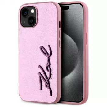 KARL LAGERFELD Wrinkled Metal Signature Back Cover for Apple iPhone 15, Pink