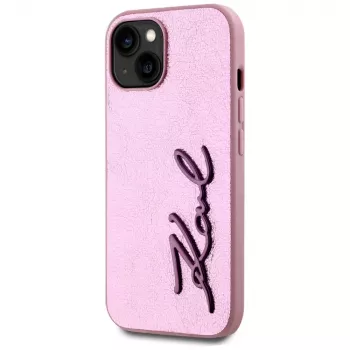 KARL LAGERFELD Wrinkled Metal Signature Back Cover for Apple iPhone 15, Pink