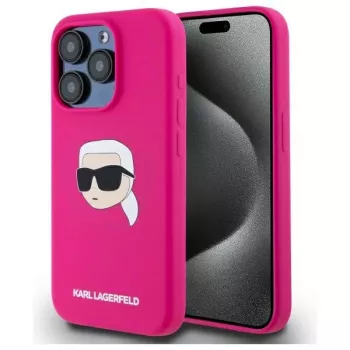 Karl Lagerfeld iPhone 15 Pro 6.1 inch Silicone Hard Case with Karl Head Print, MagSafe - Fuschia