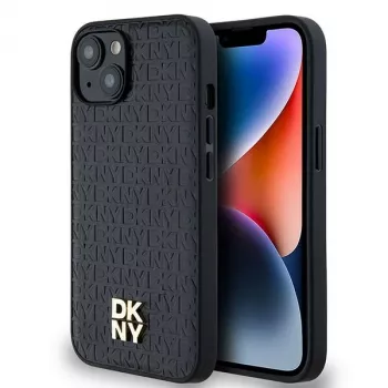 DKNY DKHMP14SPSHRPSK Hardcase Leather Monogram Pattern Metal Logo MagSafe for iPhone 13/14/15, Black