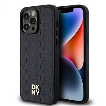 DKNY DKHMP14LPSHRPSK Hard Case for Apple iPhone 14 Pro 6.1 inch Black Leather Pattern Metal Logo MagSafe