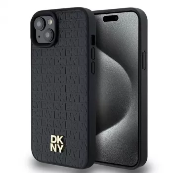 DKNY DKHMP15SPSHRPSK Hardcase for iPhone 15/14/13 6.1 inch Black Leather Pattern Metal Logo MagSafe