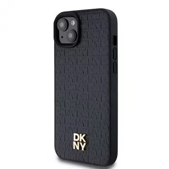 DKNY DKHMP15SPSHRPSK Hardcase for iPhone 15/14/13 6.1 inch Black Leather Pattern Metal Logo MagSafe