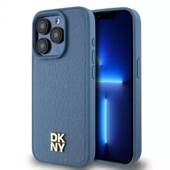 DKNY DKHMP15LPSHRPSB iPhone 15 Pro 6.1 Blue Hardcase Leather Monogram Pattern Metal Logo MagSafe