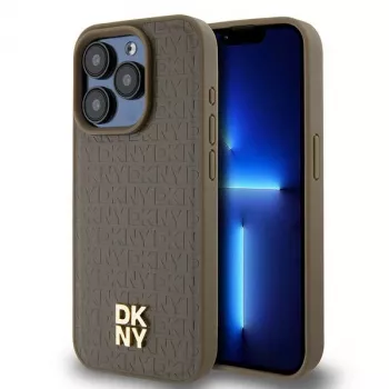 DKNY DKHMP15LPSHRPSW iPhone 15 Pro 6.1 Brown Hardcase Leather Monogram Pattern Metal Logo MagSafe