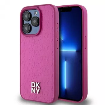 DKNY DKHMP15LPSHRPSP iPhone 15 Pro 6.1 inch Pink Leather Hard Case with Monogram Pattern and Metal Logo, MagSafe Compatible