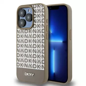 DKNY DKHMP15LPSOSPW iPhone 15 Pro 6.1 inch Hardcase Leather Printed Pattern Brown with Metal Logo MagSafe