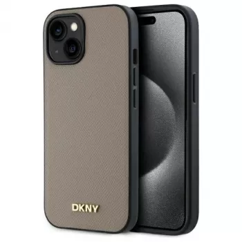 DKNY DKHMP15SPGHLME Hardcase for Apple iPhone 15 6.1 inch Beige Grained Metal Logo MagSafe