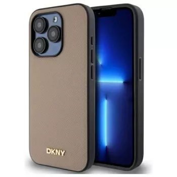 DKNY DKHMP15LPGHLME Hardcase for iPhone 15 Pro 6.1 inch Beige with Grained Metal Logo and MagSafe